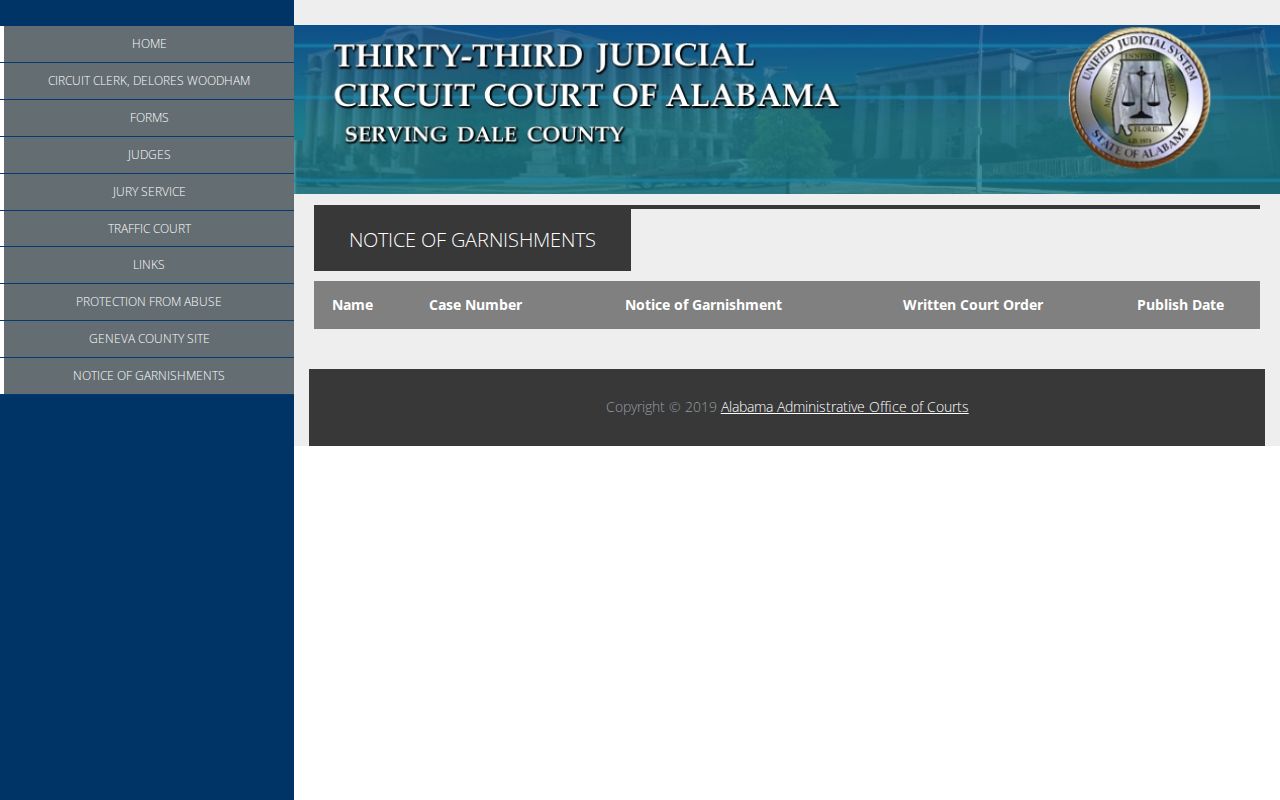 Dale County Circuit Clerk records garnishment notice page