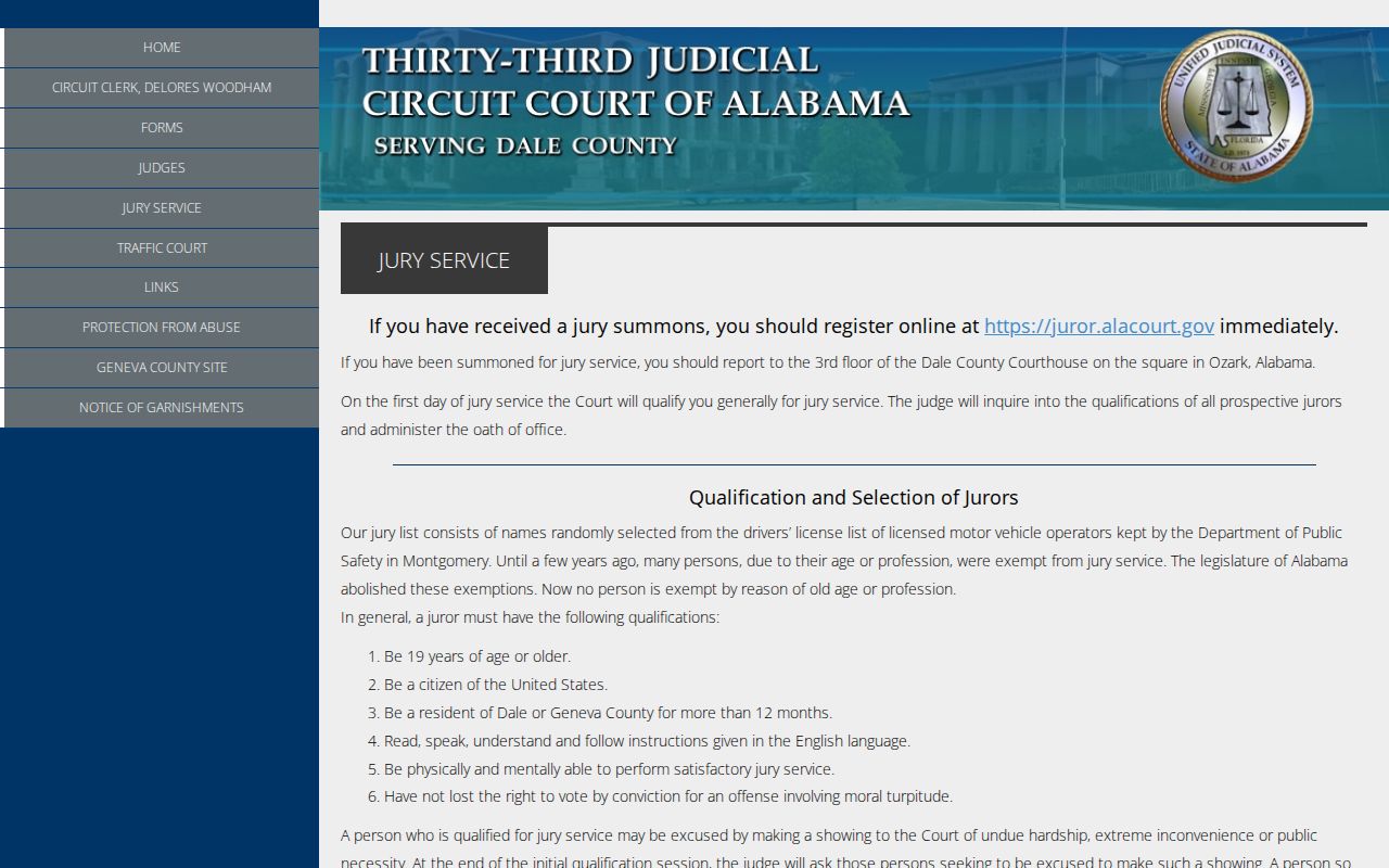 Dale County Circuit Clerk records jury service page
