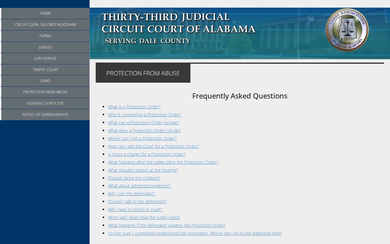Dale County Circuit Court records Protection From Abuse page