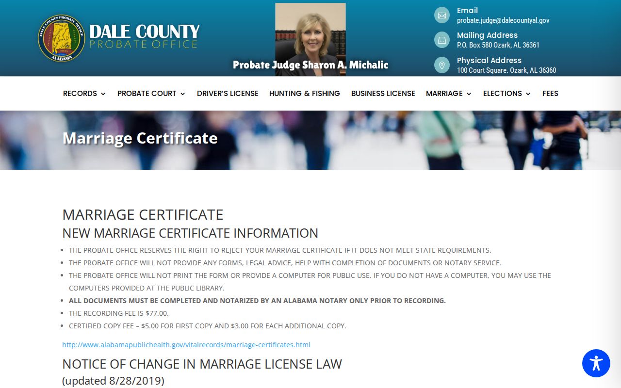 Dale County marriage records Probate Office marriage certificate page
